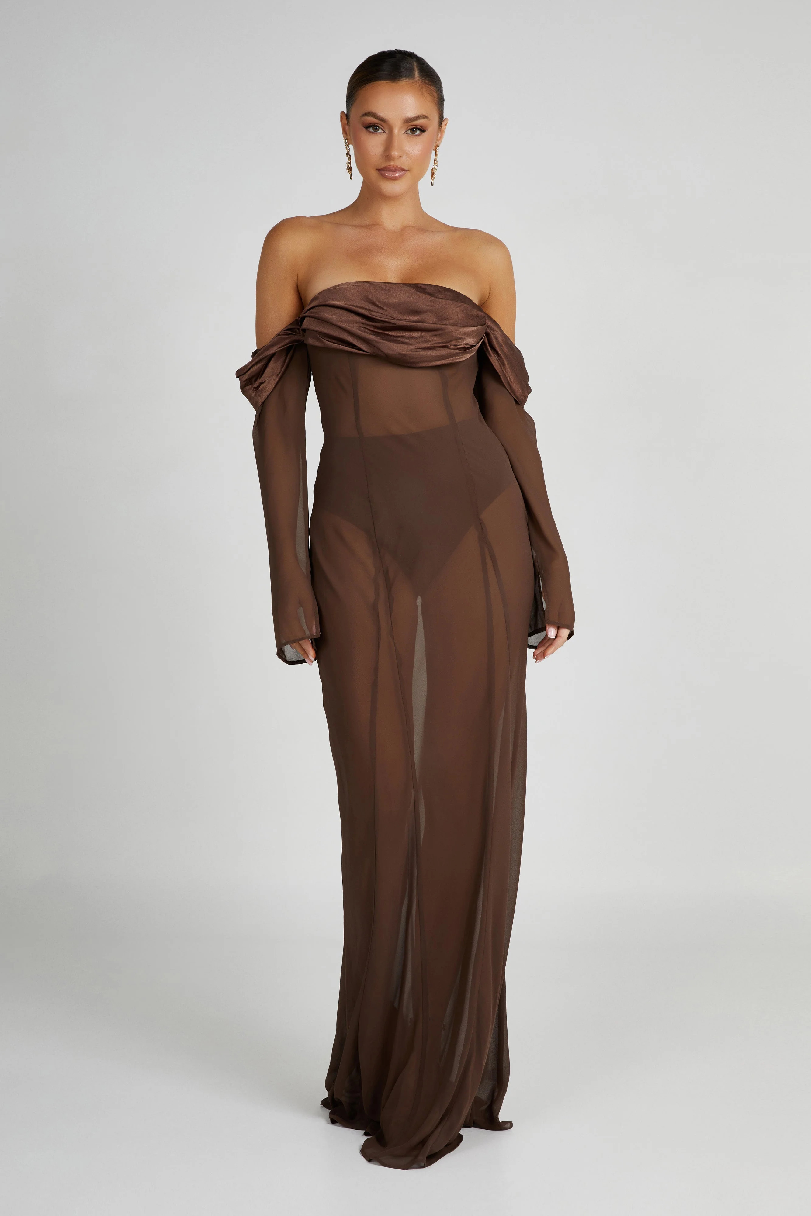 Ivanna Off Shoulder Chiffon Maxi Dress - Mocha | Meshki (APAC)
