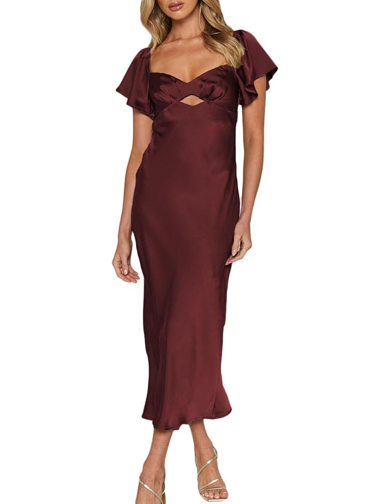 Summer Satin Flutter Sleeve Wedding Guest Dresses for Women Sweetheart Neckline Cutout Tie Back M... | Amazon (US)