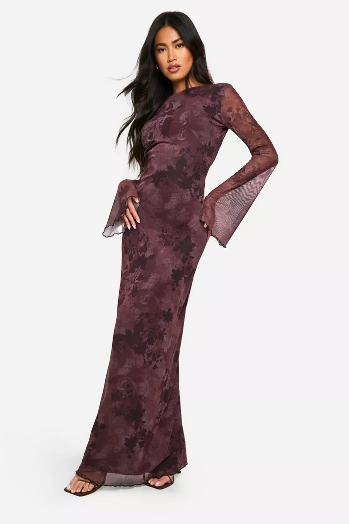 Dark Floral Print Mesh Scoop Back Maxi Dress | boohoo (US & Canada)
