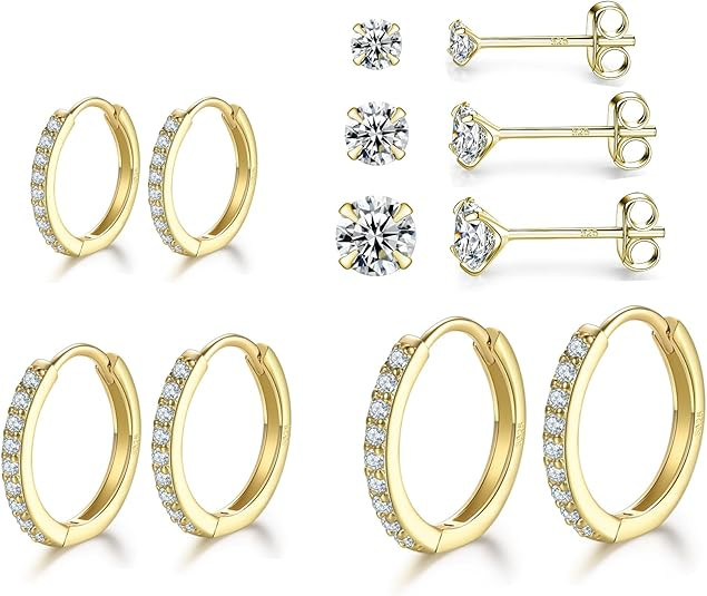 Dlihc Sterling Silver Hoop Earrings Sterling Silver Stud Earrings for Women 6 Pairs Hypoallergeni... | Amazon (US)