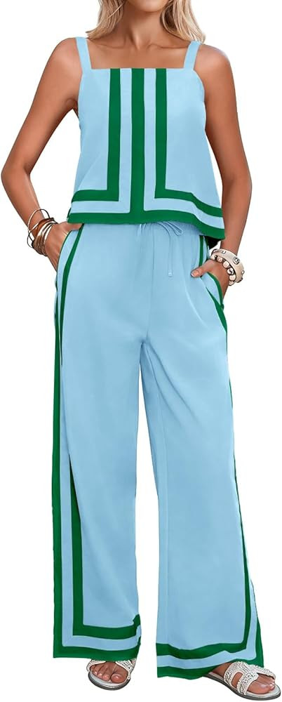 Tankaneo Womens 2 Piece Lounge Set Summer Casual Color Block Cami Top Wide Leg Pants Set Beach Va... | Amazon (US)