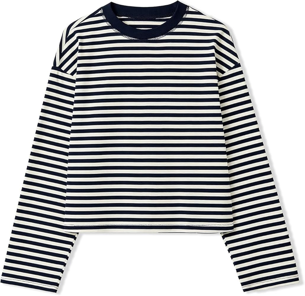 Striped Long Sleeve Shirt Women Y2k Oversized Crewneck Vintage Tops Fall Winter Drop Shoulder Cut... | Amazon (UK)