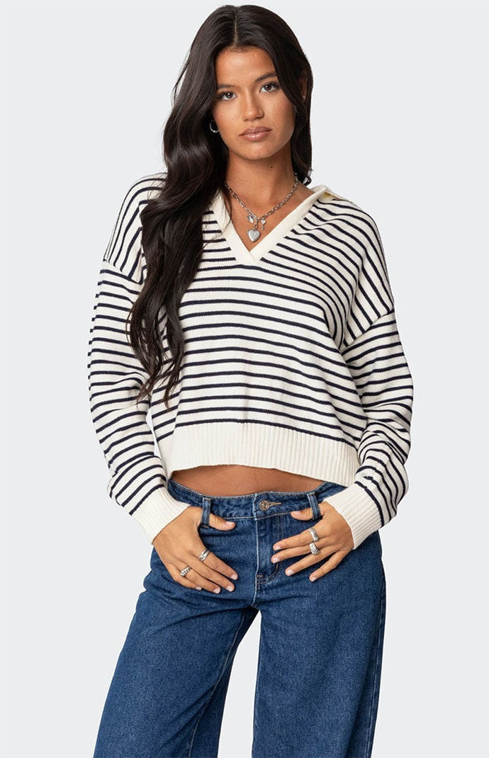 Edikted Women's Copenhagen Oversized Striped Sweater in Cream/Navy - Size Medium | PacSun