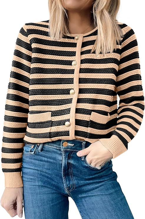 ANRABESS Women's Cardigan Sweaters 2024 Trendy Button Down Tweed Knit Cropped Lady Jackets Coat F... | Amazon (US)