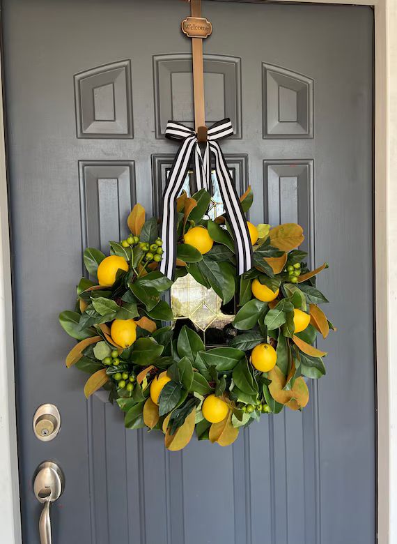 XL 24 inch Lemon Magnolia Wreath with Black and White striped | Etsy | Etsy (US)
