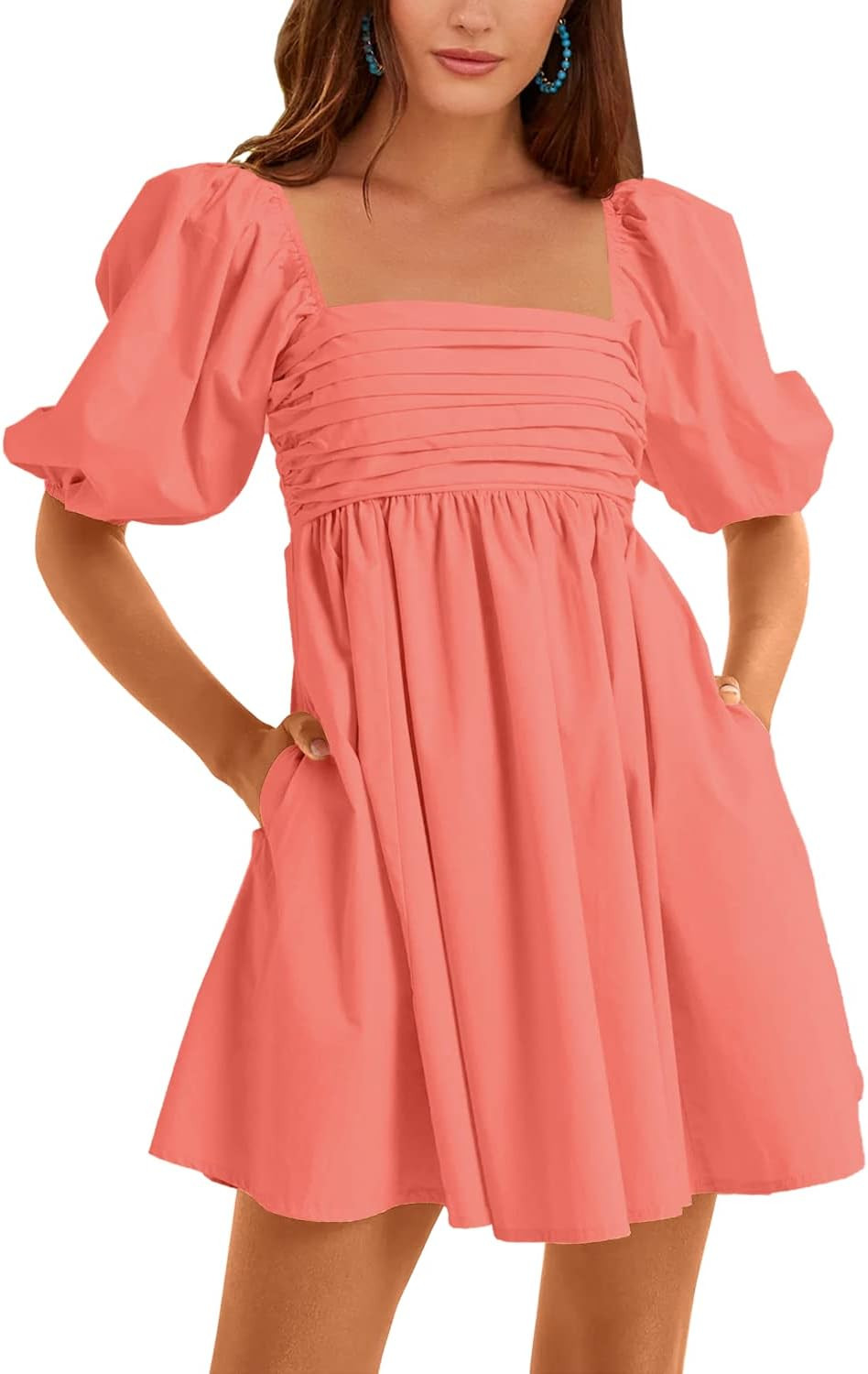 Ebifin Womens Square Neck Dresses Half Puff Sleeve High Waist A-Line Casual Backless Smocked Shor... | Amazon (US)