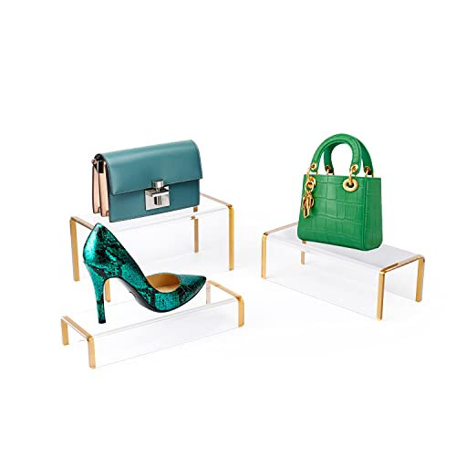 Purse Display Stand, 6mm Thick Clear Acrylic Risers Display Stands, Gold Shoe Display Riser, 3 Pack Luxury Handbag Bag Wallet Shoes Jewelry Perfume Display Showcase for Closet Retail Vendor Store | Amazon (US)