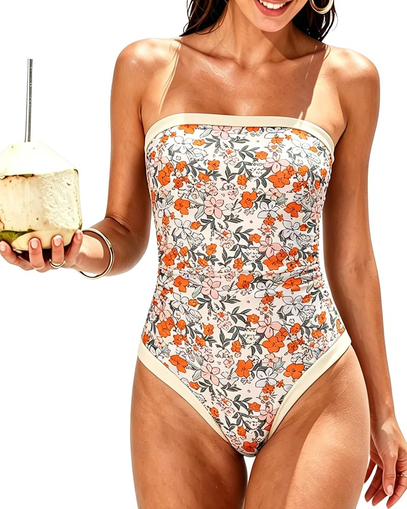 SUUKSESS Women One Piece Tummy Control Swimsuit Strapless Bandeau Bathing Suit | Amazon (US)