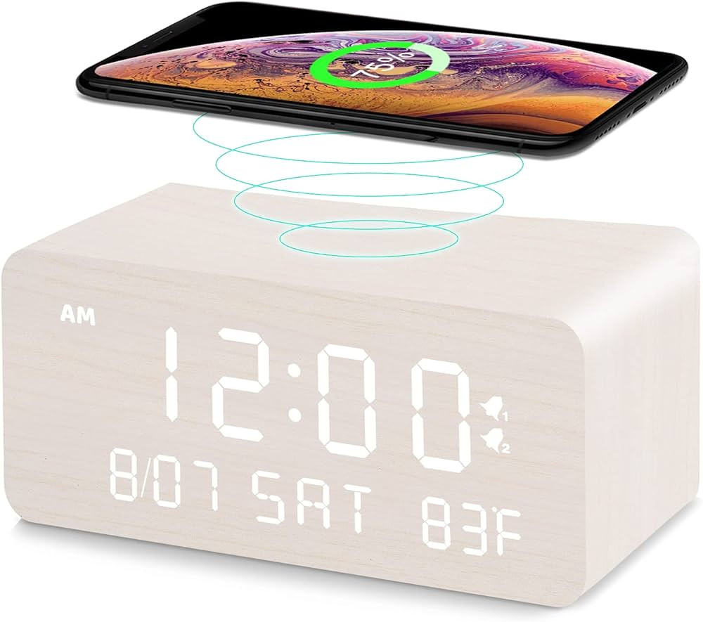 Andoolex Wooden Digital Alarm Clock with Wireless Charging, 0-100% Adjustable Brightness Dimmer a... | Amazon (US)