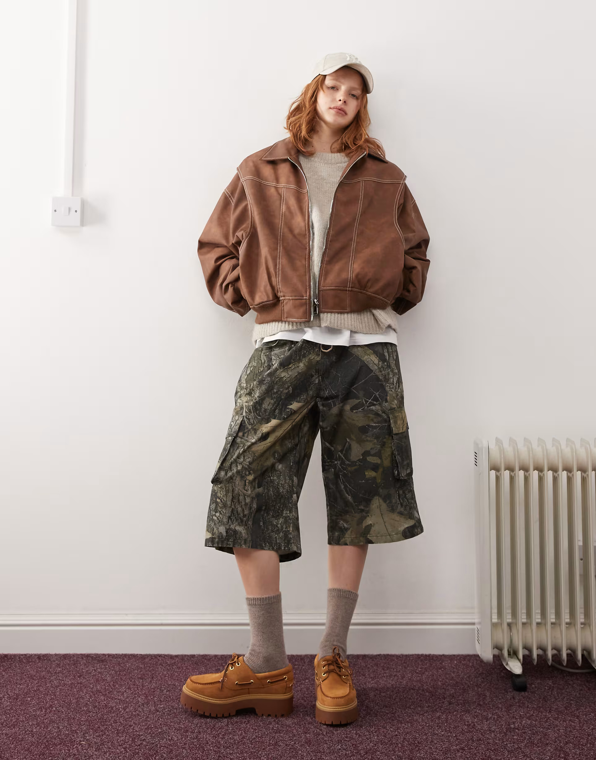 Lioness exclusive leather look contrast stitch bomber jacket in washed brown | ASOS (Global)