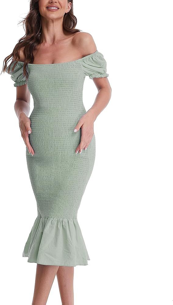 Maternity Summer Midi Bodycon Dresses, Short Puff Sleeve Square Neck Ruffle Hem Mermaid Baby Show... | Amazon (US)