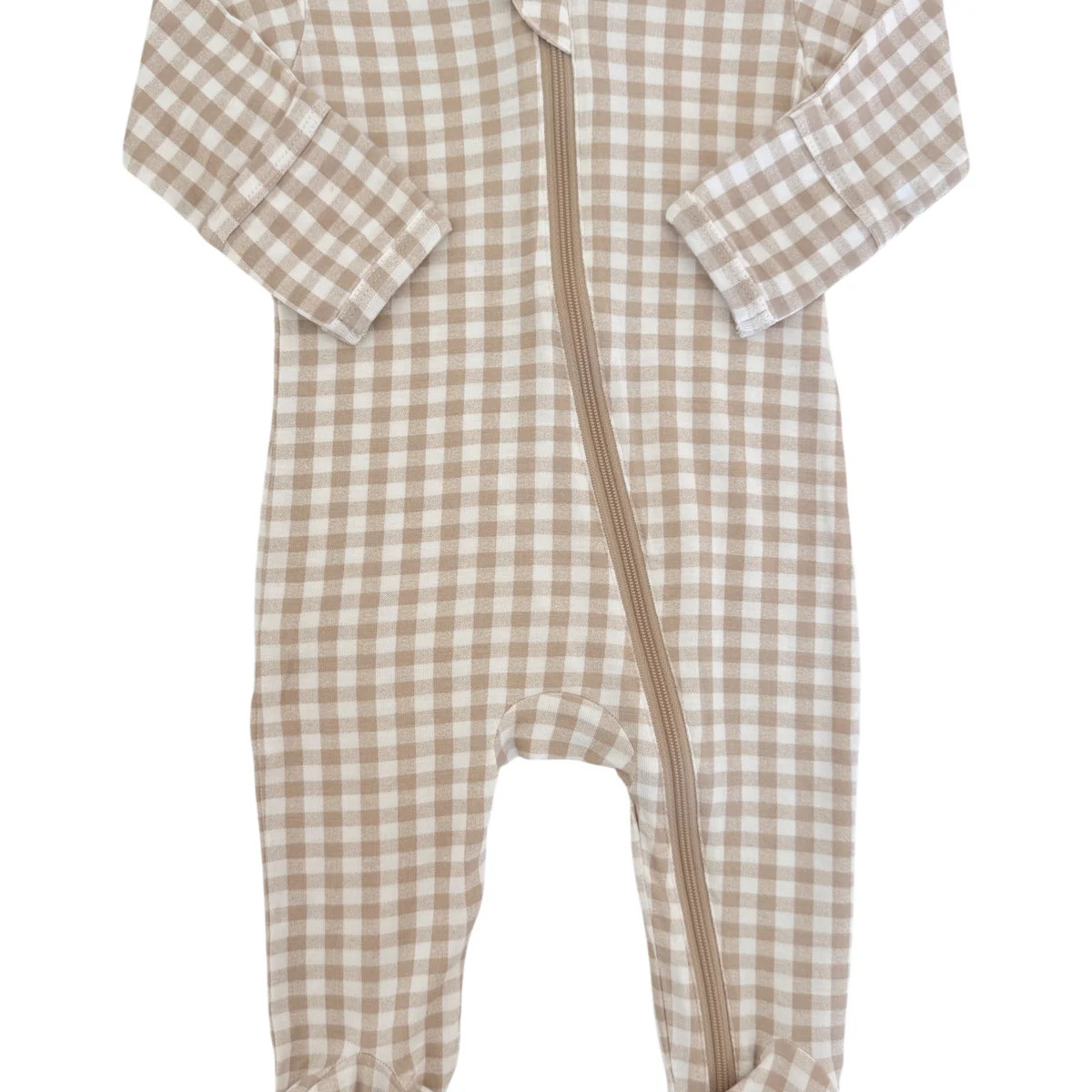 2-Way Zip Footie, Tan Gingham | SpearmintLOVE