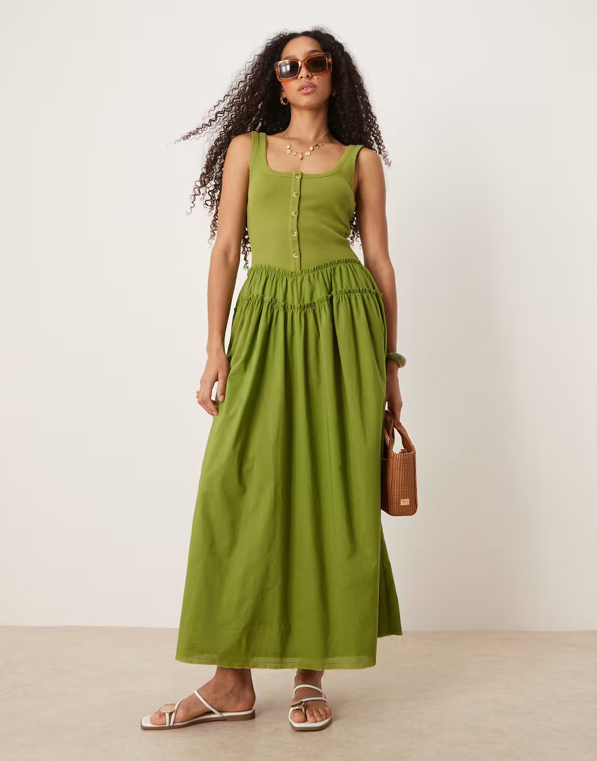 ASOS Design scoop button ribbed bodice with poplin skirt maxi dress in olive-Green | ASOS (Global)