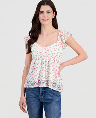Juniors' Floral Lace Flutter-Sleeve Babydoll Top | Macy's