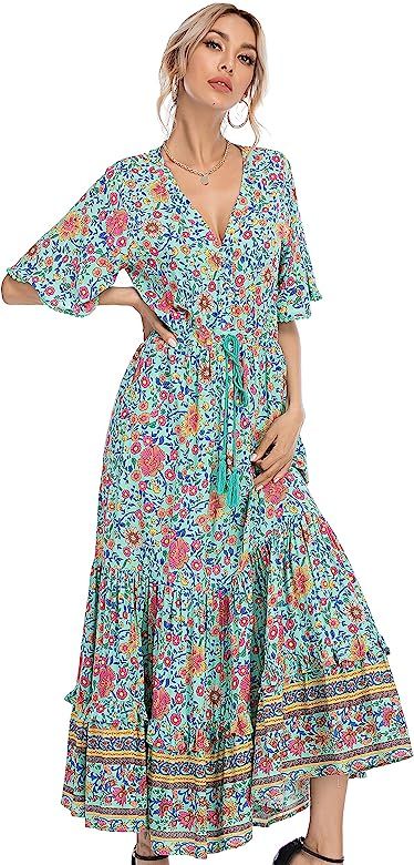 R.Vivimos Womens Summer Cotton Short Sleeve V Neck Floral Print Casual Bohemian Midi Dresses | Amazon (US)