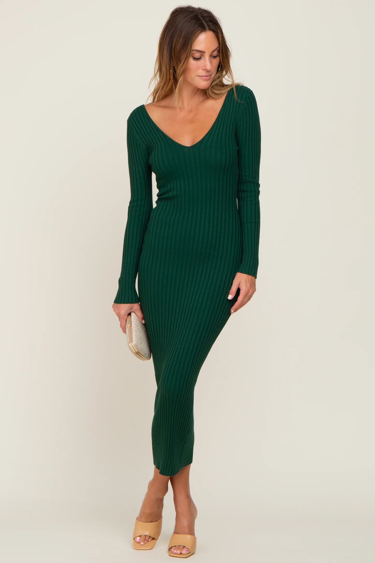 Forest Green V-Neck Long Sleeve Fitted Maxi Dress | PinkBlush Maternity