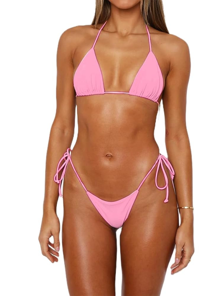 Alyweatry Women 2 Pieces Bikini Swimsuit Spaghetti Strap Top Tie Side Triangle G-Thong Bathing Su... | Amazon (US)