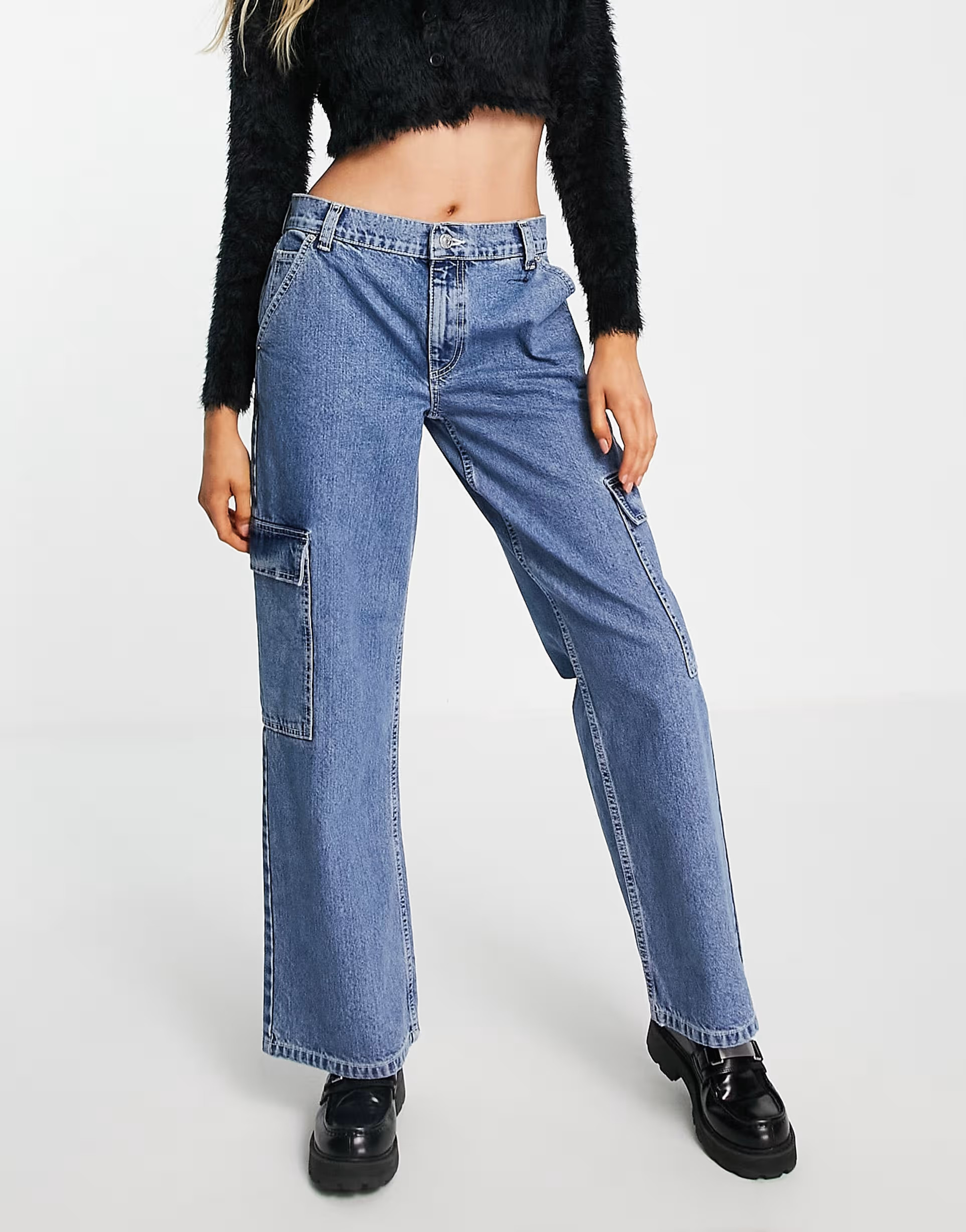 ASOS DESIGN cotton blend low rise 'cargo' jean in mid wash blue - LBLUE | ASOS (Global)