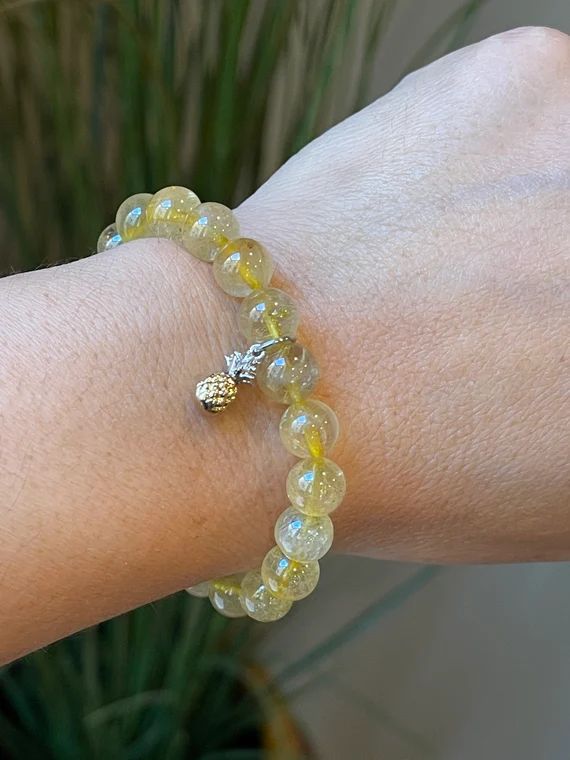 Golden Rutilated Quartz Gemstone Bracelet with Pineapple Charm | Etsy | Etsy (US)