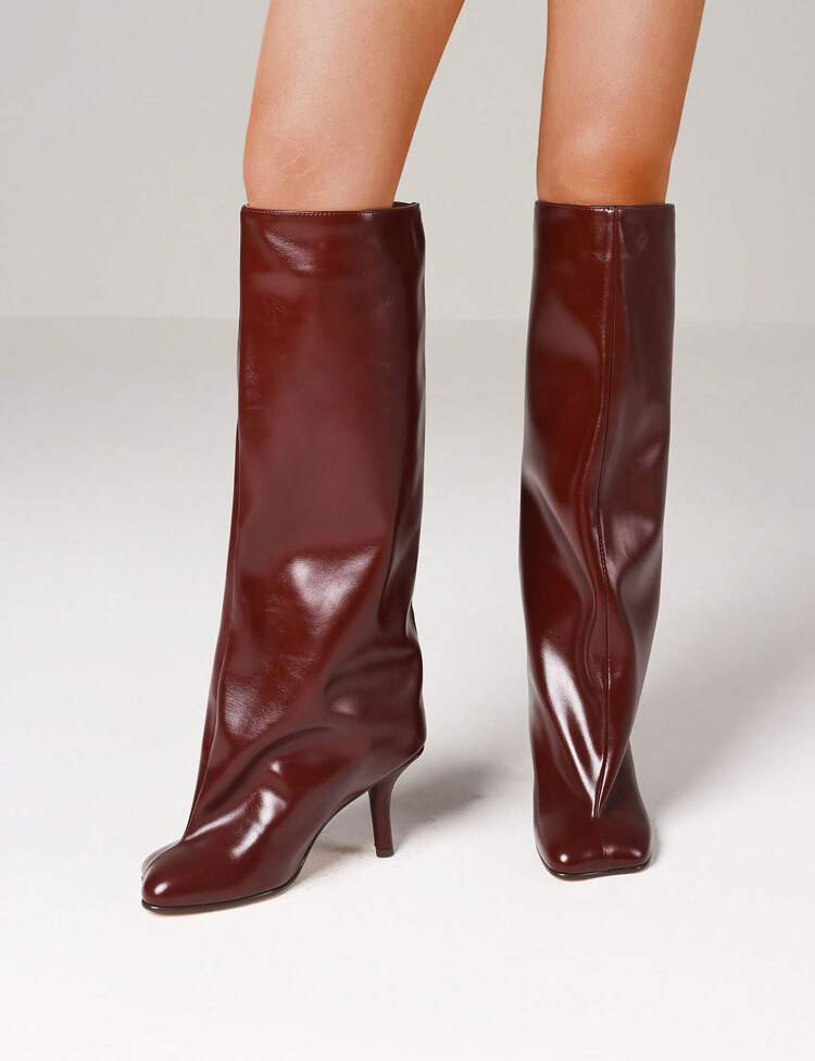 Knee High Boots Women Square Toe Stiletto Heel Tall Boots Wide Calf Long Boots Heeled Slouchy Boo... | SHEIN