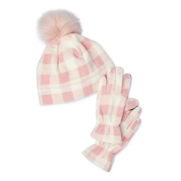 Wonder Nation Girls Microfleece Pom Pom Hat and Gloves Set, 2 Piece, OSFM - Walmart.com | Walmart (US)