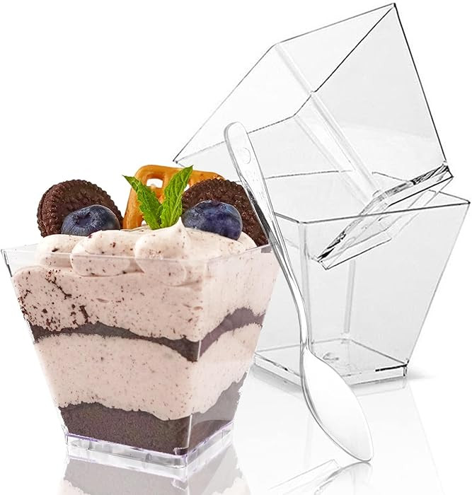50 Pack 3.5 oz Square Dessert Cups with Spoons, Mini Plastic Parfait Appetizer Cups, Clear Reusab... | Amazon (US)