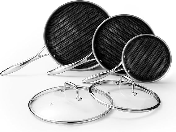 DELUXE Hybrid Nonstick Fry Pan Set 5-Piece, 8, 10 and 12-Inch Frying Pan Cookware Set with Glass ... | Amazon (US)