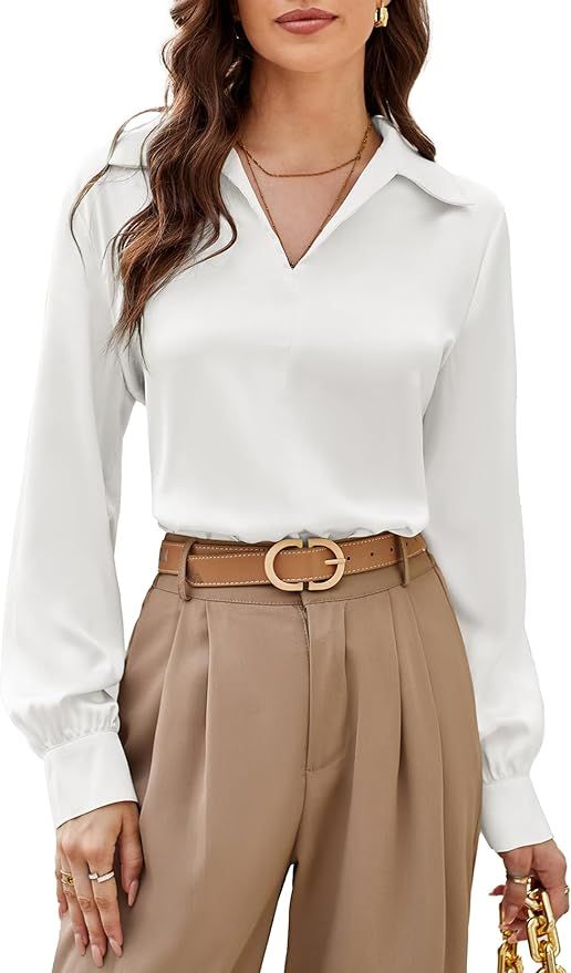 GRACE KARIN Women's Satin Silk Blouse Lapel V Neck Long Sleeve Casual Work Blouse Shirts Pullover... | Amazon (US)