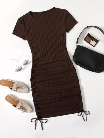 SHEIN Drawstring Side Rib-knit Bodycon Dress | SHEIN
