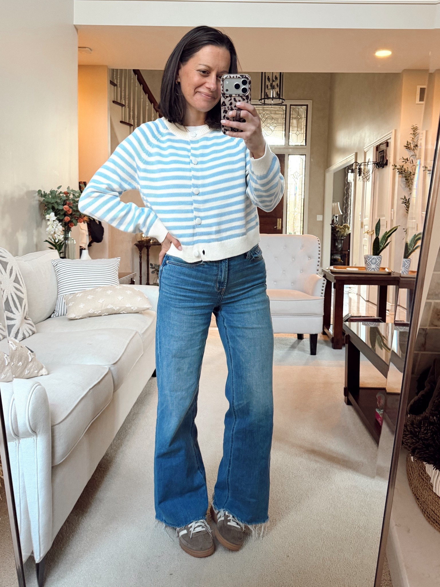 Mom outfit of the day! Target cardigan runs a little small, I sized up to a medium. Quince jeans run true to size to a tad small, I’m wearing the 26th in the 30 inch inseam and I am 5‘4“. 

￼

#LTKootd #LTKOver40 #LTKmomlife