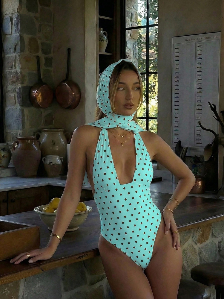 Women's Sexy Polka Dot Twist Asymmetrical Backless Chiffon Two Pieces Swimsuit, One-Piece Swimwear For Beach Vacation In Summer | SHEIN