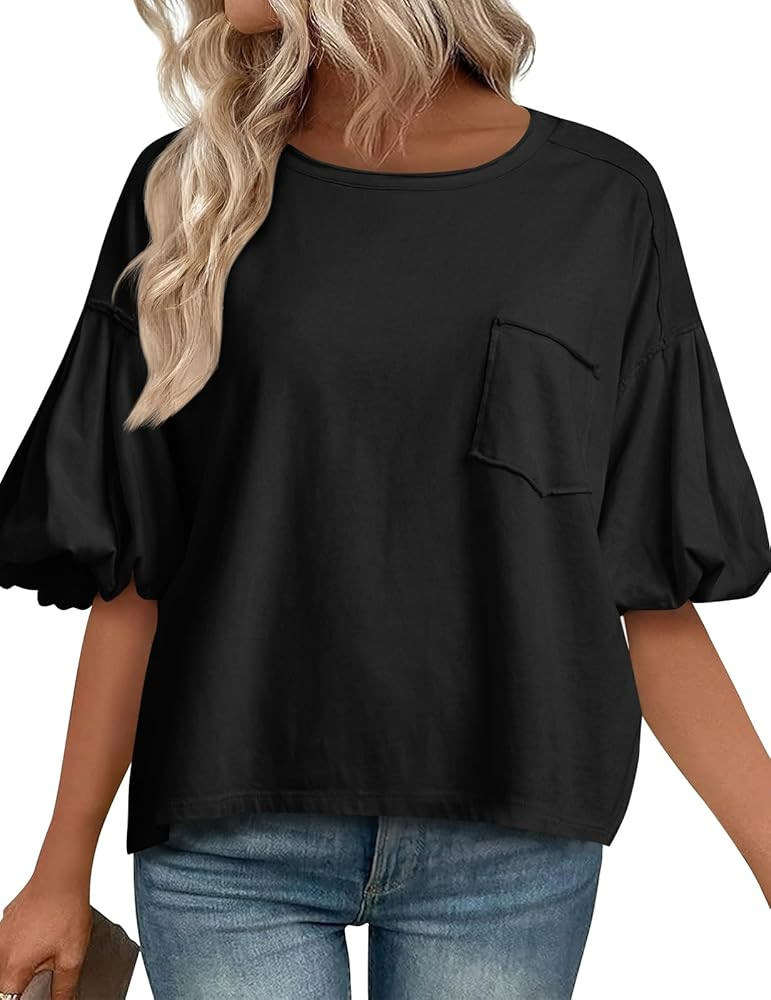 Cicy Bell Womens Puff Sleeve Tops Crew Neck Drop Shoulder Pocket T-Shirt Summer Casual Tees Loose... | Amazon (US)