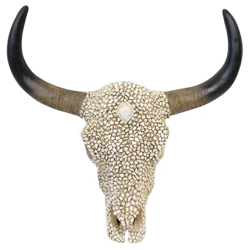 White Pebble Faux Cow Longhorn Bull Skull with Black Horn Accent Hanging Wall Décor | Wayfair North America