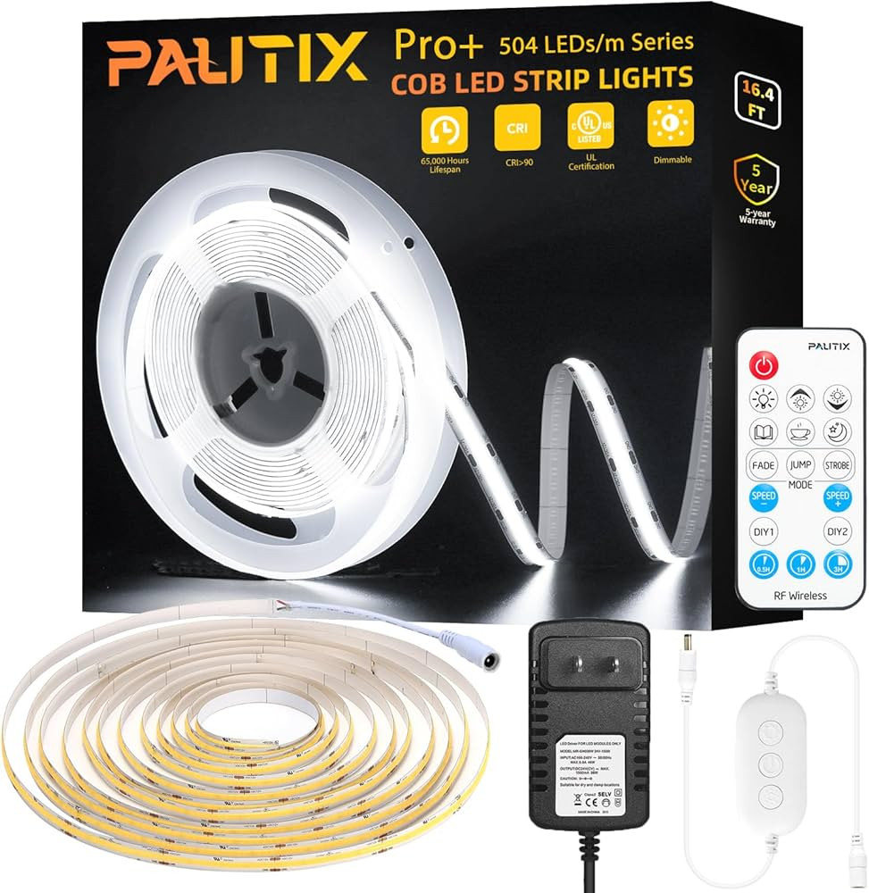 PAUTIX COB LED Strip Light 2520LEDs,Super Bright 5200Lumen 6500K White 16.4ft/5m,Dimmable 24V LED... | Amazon (US)
