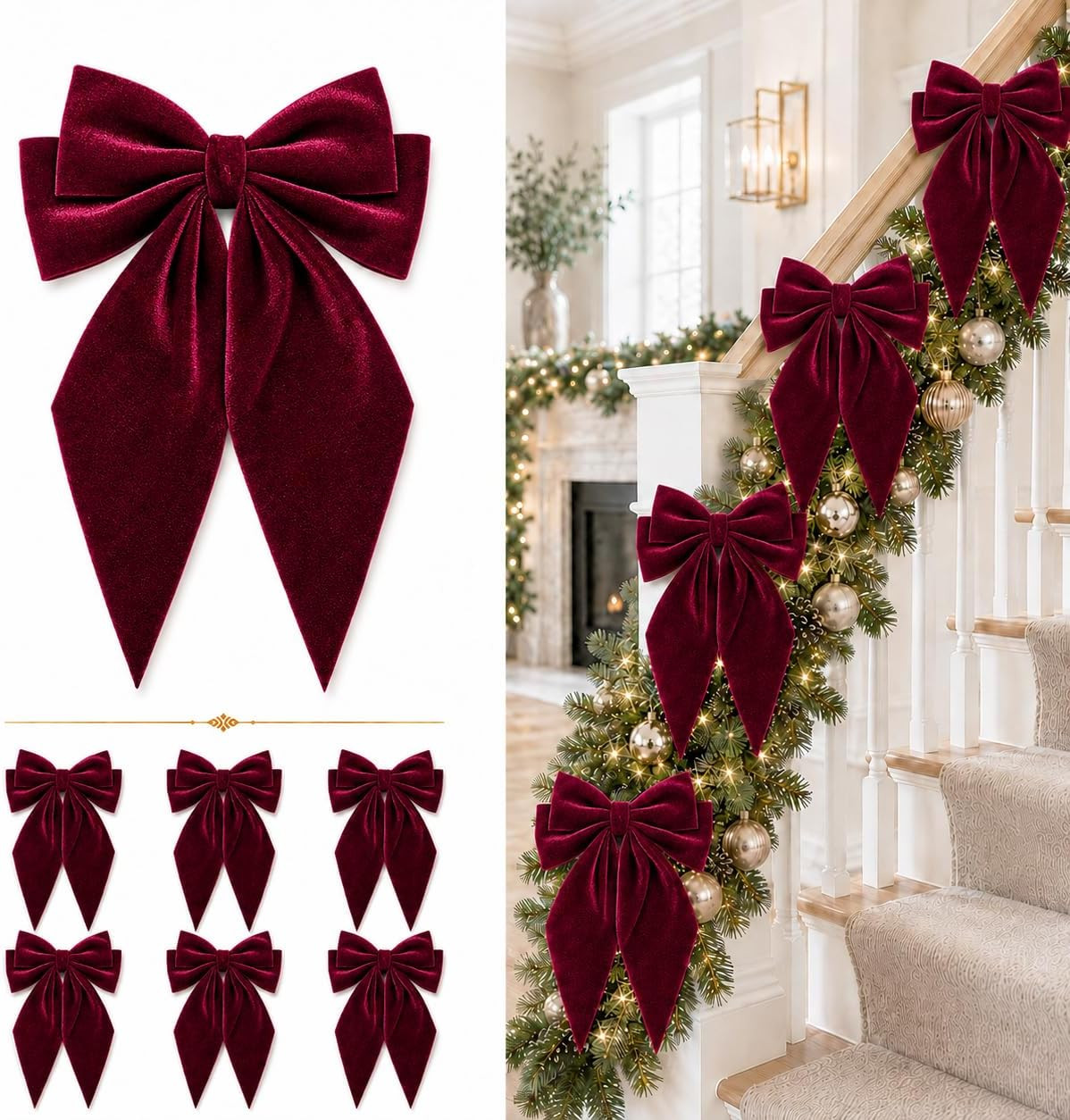 Large Christmas Bows, Velvet Bows for Xmas Tree Topper Garland Wreath Decor | Amazon (US)