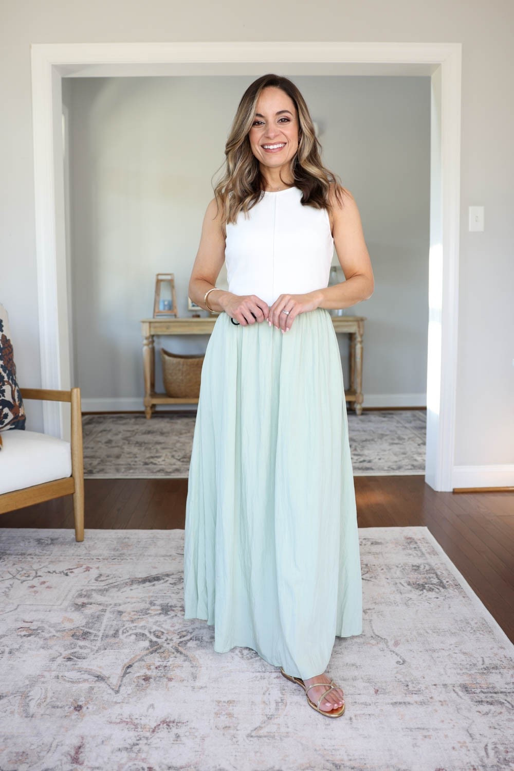 An affordable floor length maxi for petites! I’m wearing small here and it fits me well. Double lined top and fully lined skirt.