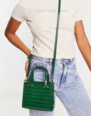 ASOS DESIGN mini croc tote bag with top handle and detachable crossbody strap in forest green | ASOS (Global)