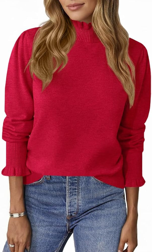 UNCLECAT Womens Ruffle Mock Neck Sweater Casual Puff Long Sleeve Fall Knit Trendy Pullover Sweate... | Amazon (US)