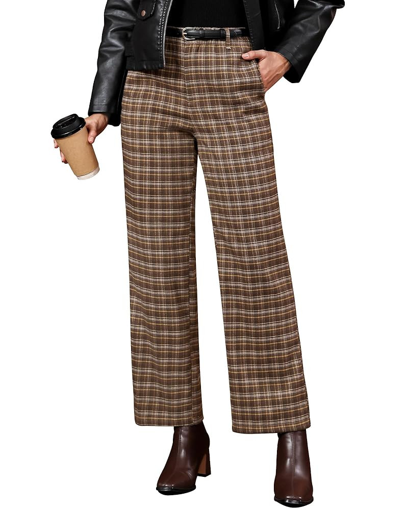 GRAPENT Plaid Pants for Women Wide Leg High Waisted Tartan Work Business Casual Elastic Waist Tro... | Amazon (US)