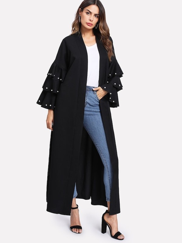 Pearl Beading Layered Sleeve Belted Abaya | SHEIN