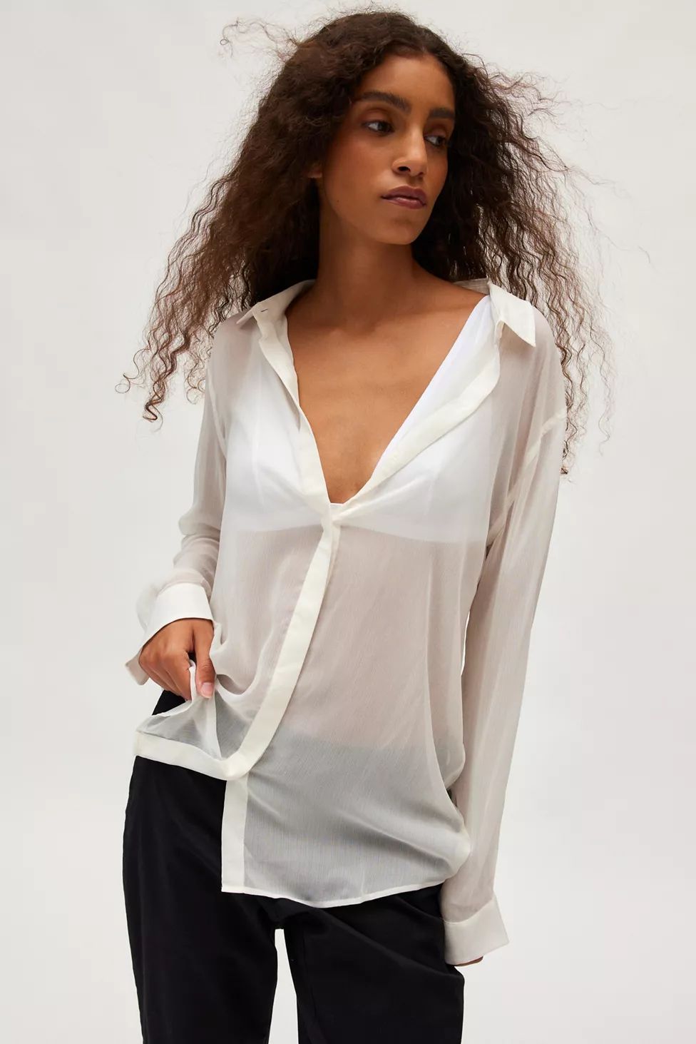 WILDFANG The Empower Sheer Long Sleeve Button-Down Shirt | Urban Outfitters (US and RoW)