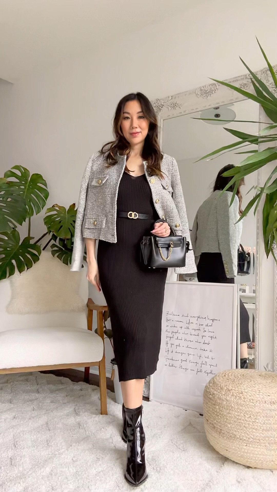 GRWM for work 👩🏻‍💻 Dressing my bump for the office with a knit dress and tweed jacket for an easy & effortless look! P.S. knit dresses are the way to go. They are so comfy and always look pulled together and polished.

Outfit details:
Dress, tweed jacket & boots: @shein_ca 
Jewelry: @deandavidson 
Mini Hamilton bag: @michaelkors 

#LTKitbag #LTKworkwear #LTKbump
