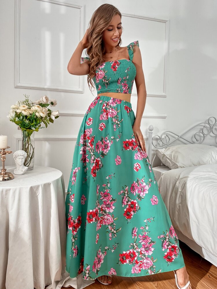 Floral Print Ruffle Armhole Shirred Crop Top & Skirt Set | SHEIN