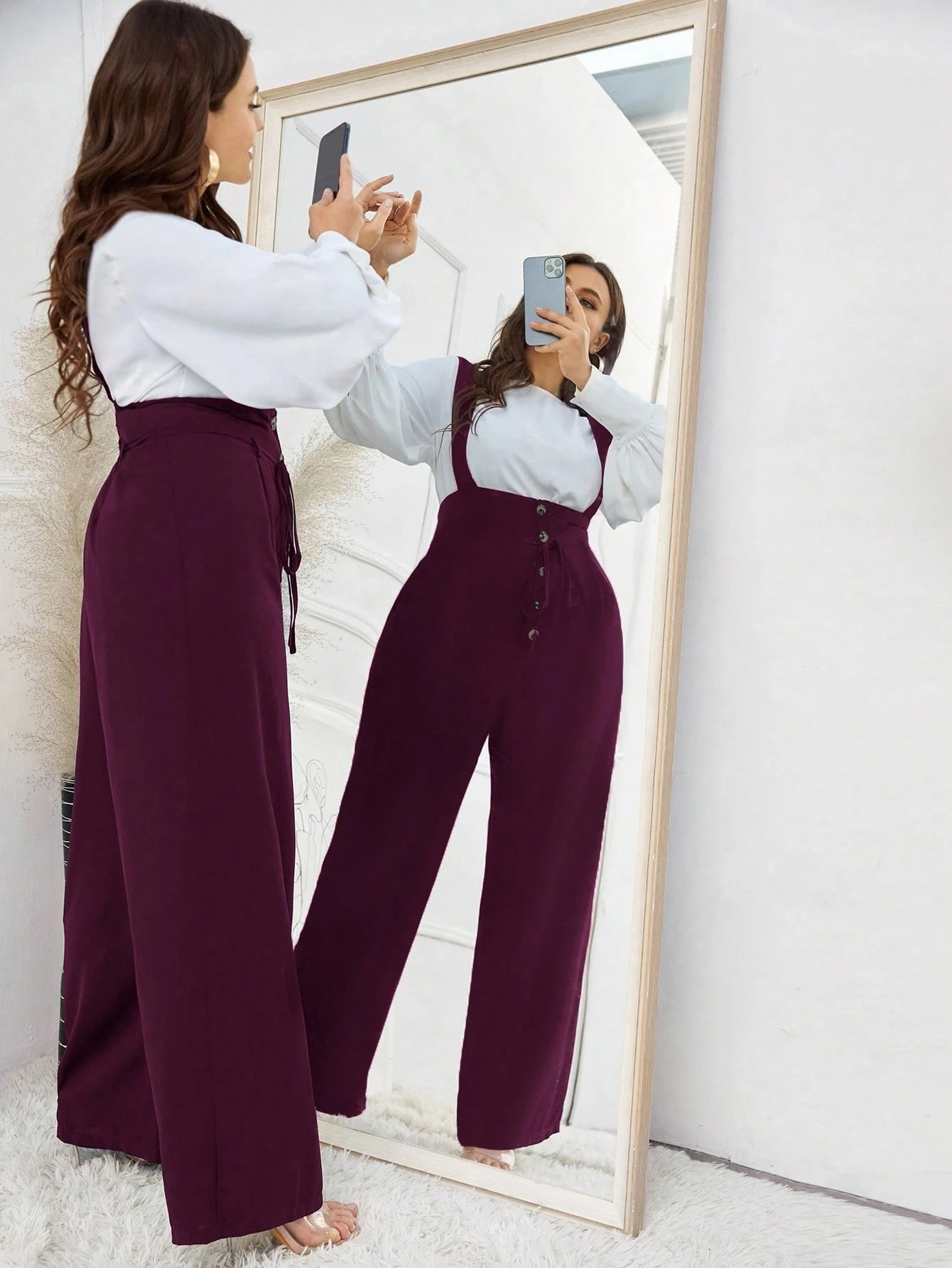 SHEIN Essnce Plus Button Front Wide Leg Belted Pinafore Jumpsuit Without Top | SHEIN