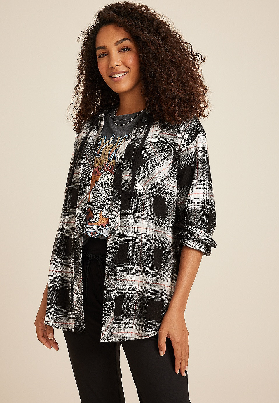 Cabin Plaid Boyfriend Hooded Button Down Shirt | Maurices