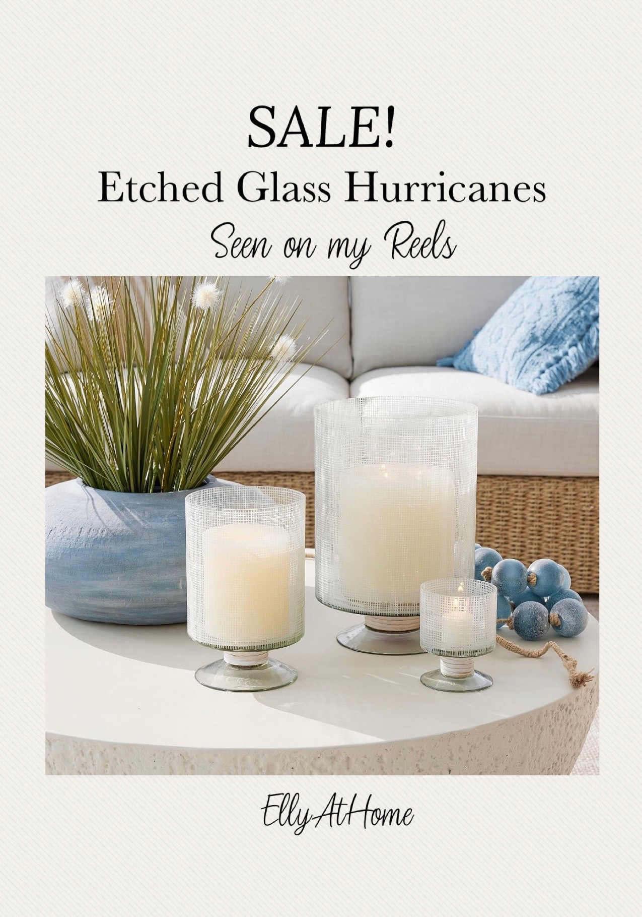 On sale! Light blue hurricane candleholders with rattan available in 3 sizes on sale! Shop them soon! Coastal home styling, Pottery Barn. 

#LTKHome #LTKSaleAlert