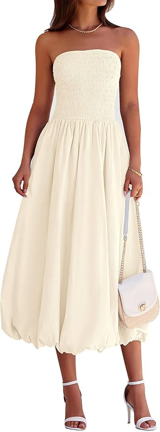 PRETTYGARDEN Women's 2025 Summer Strapless Tube Midi Dress Smocked A Line Bubble Long Flowy Casua... | Amazon (US)