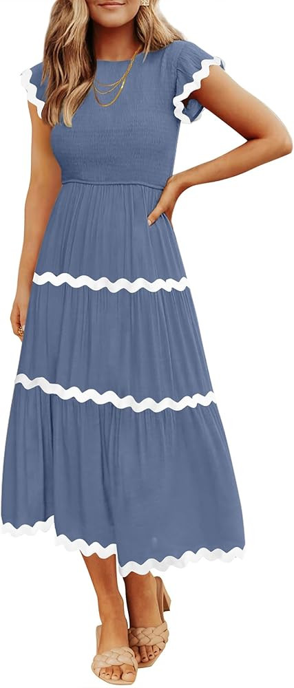 ZESICA Women's Summer Flutter Short Sleeve Smocked Midi Dress 2024 Casual High Waist Rickrack Tie... | Amazon (US)