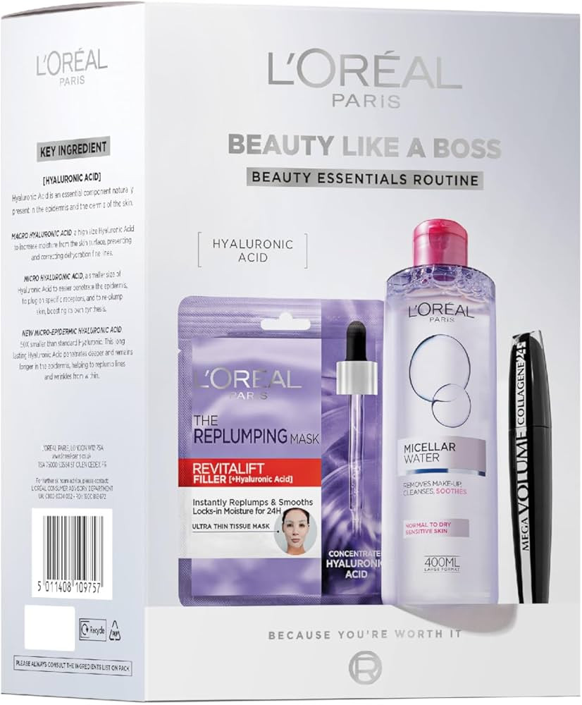 L'Oréal Paris Beauty Like A Boss Gift Set - Revitalift Filler Hyaluronic Acid Mask, Micellar Wat... | Amazon (UK)