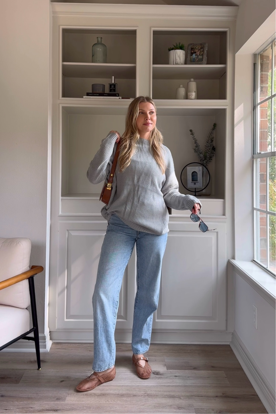 Casual fall outfit | wearing a S/M in sweater, 26 in jeans, M in belly band to wear my pre-pregnancy jeans, mesh flats run tts. 

#LTKStyleTip #LTKBump #LTKFindsUnder50